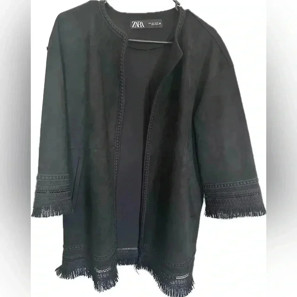 Zara suede fringe boho oversized kimono black whimsygoth size S - Picture 3 of 9